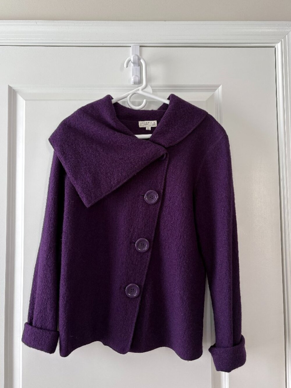 Joseph A. 100% Plum Boiled Wool Jacket Asymmetrical Portrait Collar Coat Size XL